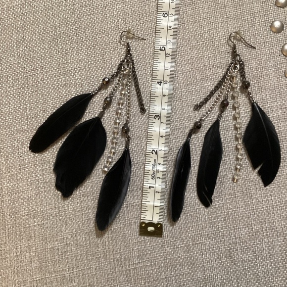 New Classic Black Authentic 3 Feather Earrings with Rhinestones - #188 - Picture 6 of 12